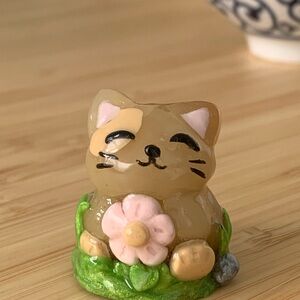 Cute Tan Cat Figurine with Pink Flower